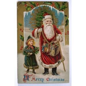 Santa Claus Postcard Christmas 1910 Saint Nick Old World Holds Tree Series 3523